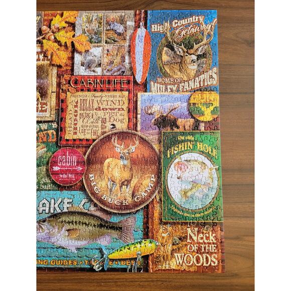Jigsaw Puzzle 1000 Pcs Rustic Lodge Hunting Fishing Camping Art Collage Complete - Picture 7 of 9